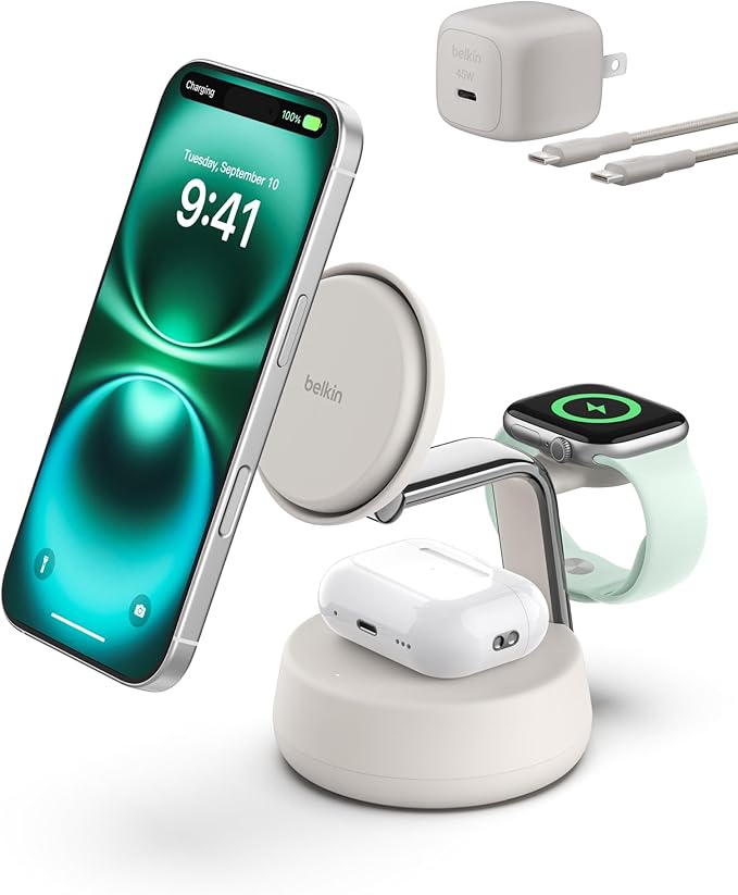 Belkin MagSafe Charger Compatible, 3-in-1 Charging Station, Qi2.2 25W w/Cooling Fan (On/Off Control) Magnetic Wireless Charger for iPhone 17, Apple Watch, AirPods, Pixel 10 (45W Adapter Included)