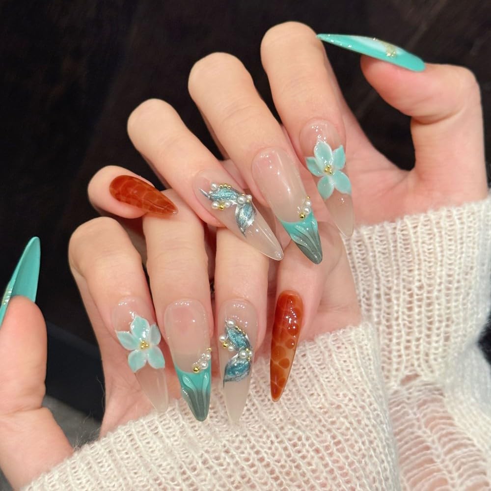 Vokupoga Long Almond Press on Nails Handmade Fake Nails French Stiletto False Nails with 3D Flower Designs Glossy Artificial Nails for Women 10Pcs(Size M)