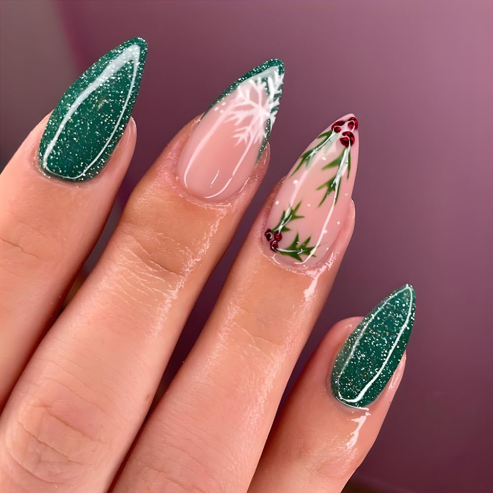 24Pcs Christmas Green Press on Nails Stiletto Almond Fake Nails Snowflake Designs Christmas False Nails Cute Flower Gradient Stick on Nails Full Glitter Glue on Nail for Women Manicure Art