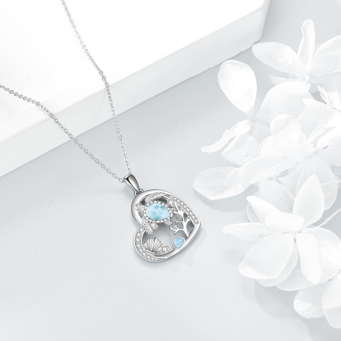 CRMAD Turtle Beach Necklace Sterling Silver Larimar Starfish Ocean Jewelry for Women(turtle)