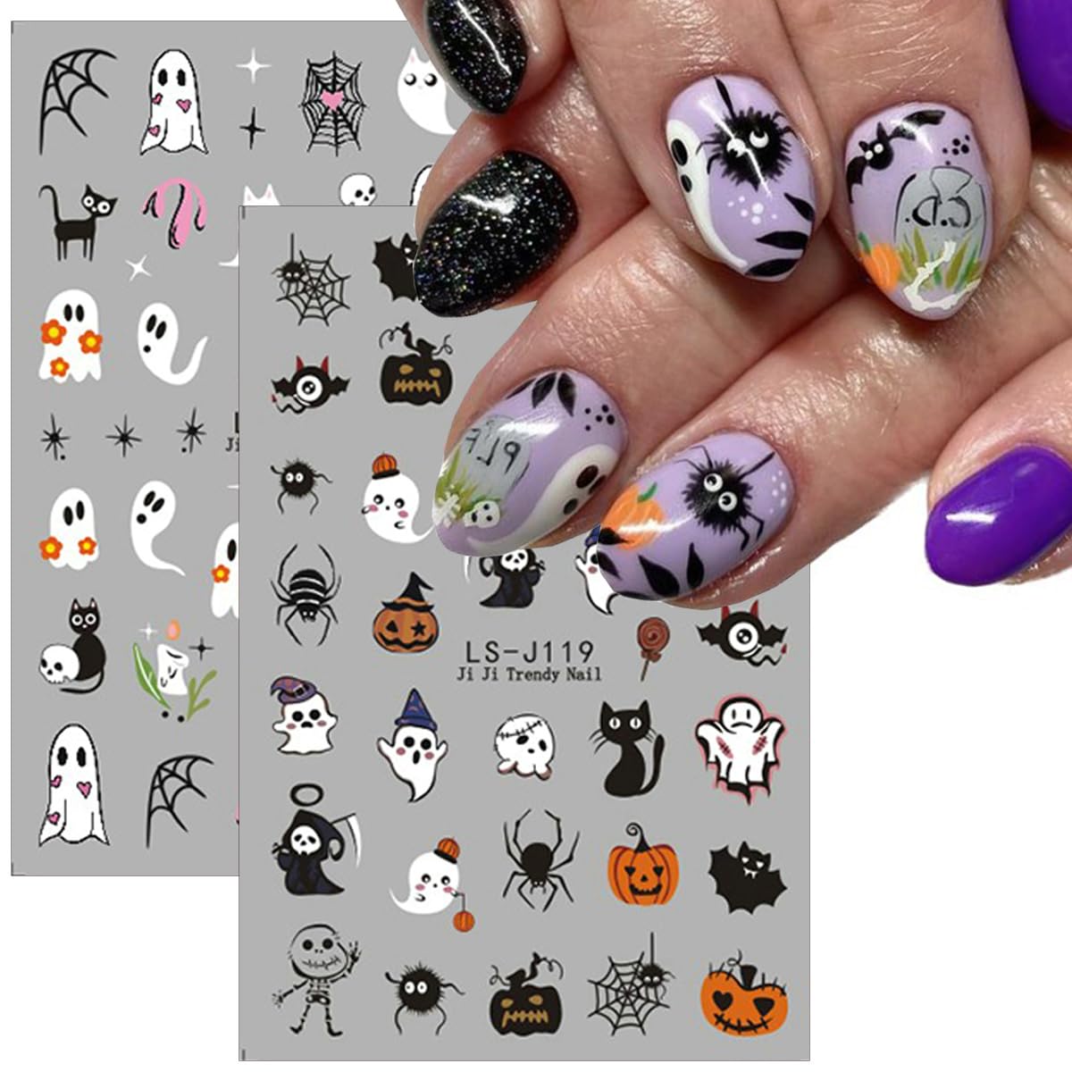 Halloween Nail Stickers for Nail Art, 6 Sheets Halloween Nail Art Stickers Cute Pumpkin Spider Ghost Nail Decals 3D Self-Adhesive Skull Cat Spider Web Nail Designs Charms for Women Manicure Decoration