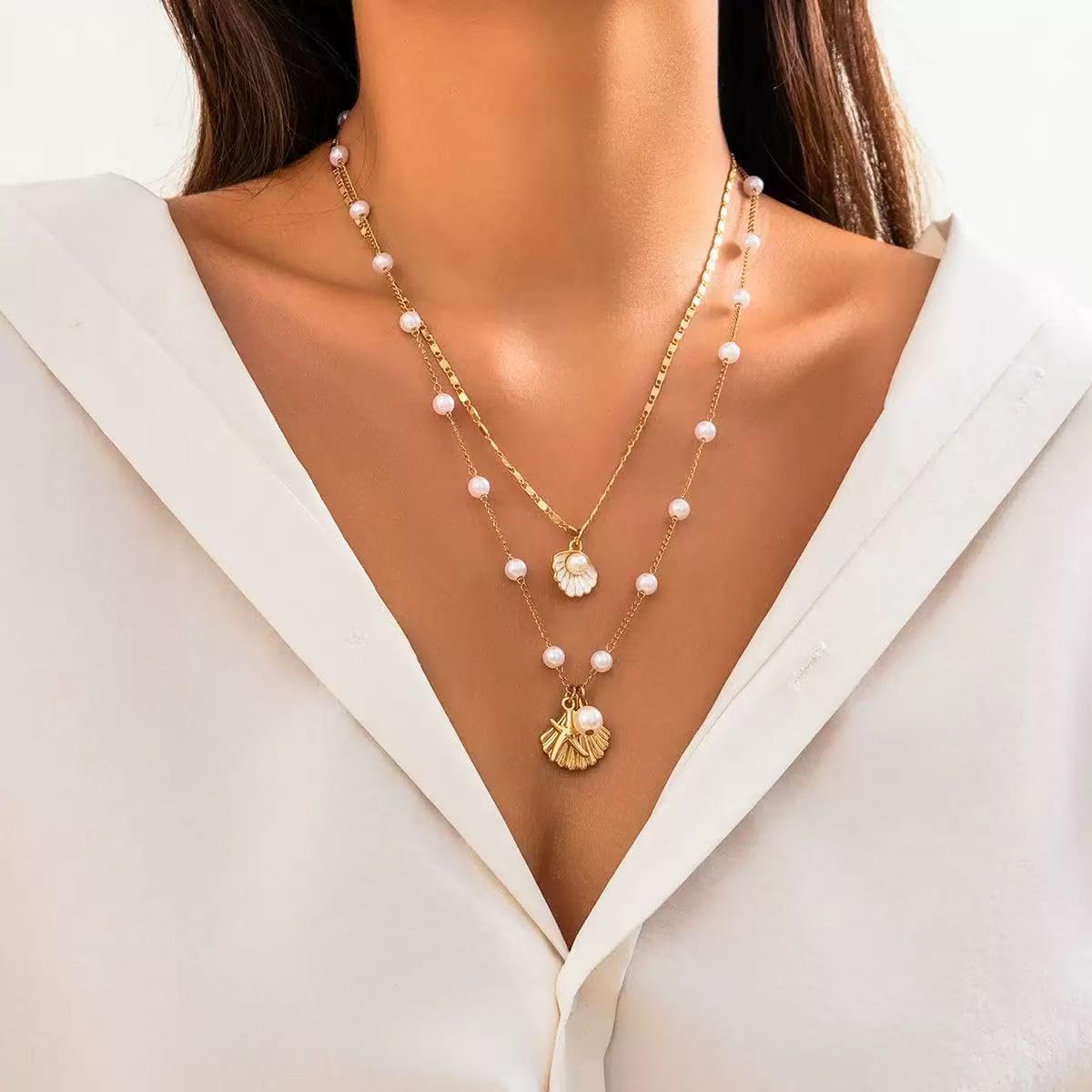 Shell Necklaces for Women 14k Gold Plated Layered Starfish Conch SeaShell Pearl Pendant Charm Necklace Adjustable Stainless Steel Chain Summer Beach Jewelry (Gold Shell)
