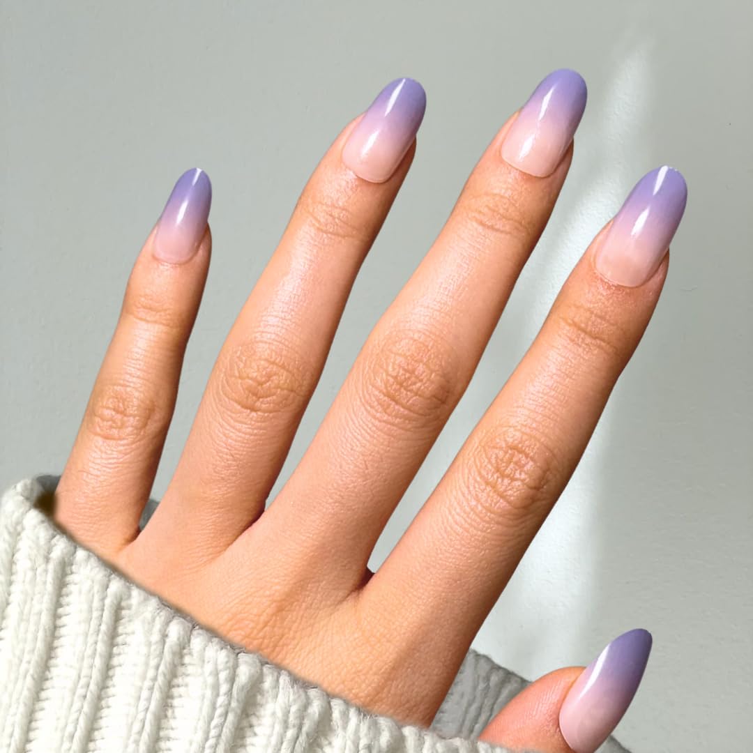 PerfectLook Press On Nails - Lavender Mist | No Glue One-Day Short Oval Nails, Nude to Purple Ombre Glossy Nails - 24 Pcs Nail Kit with Adhesive Tabs