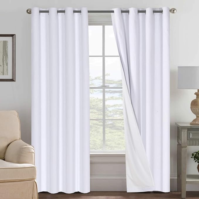 H.VERSAILTEX White Blackout Curtains, Thermal Curtains 96 inches Long 100% Blackout Textured Linen Look Curtain Draperies Anti-Rust Grommet Drapes, 2 Panels, Bright White
