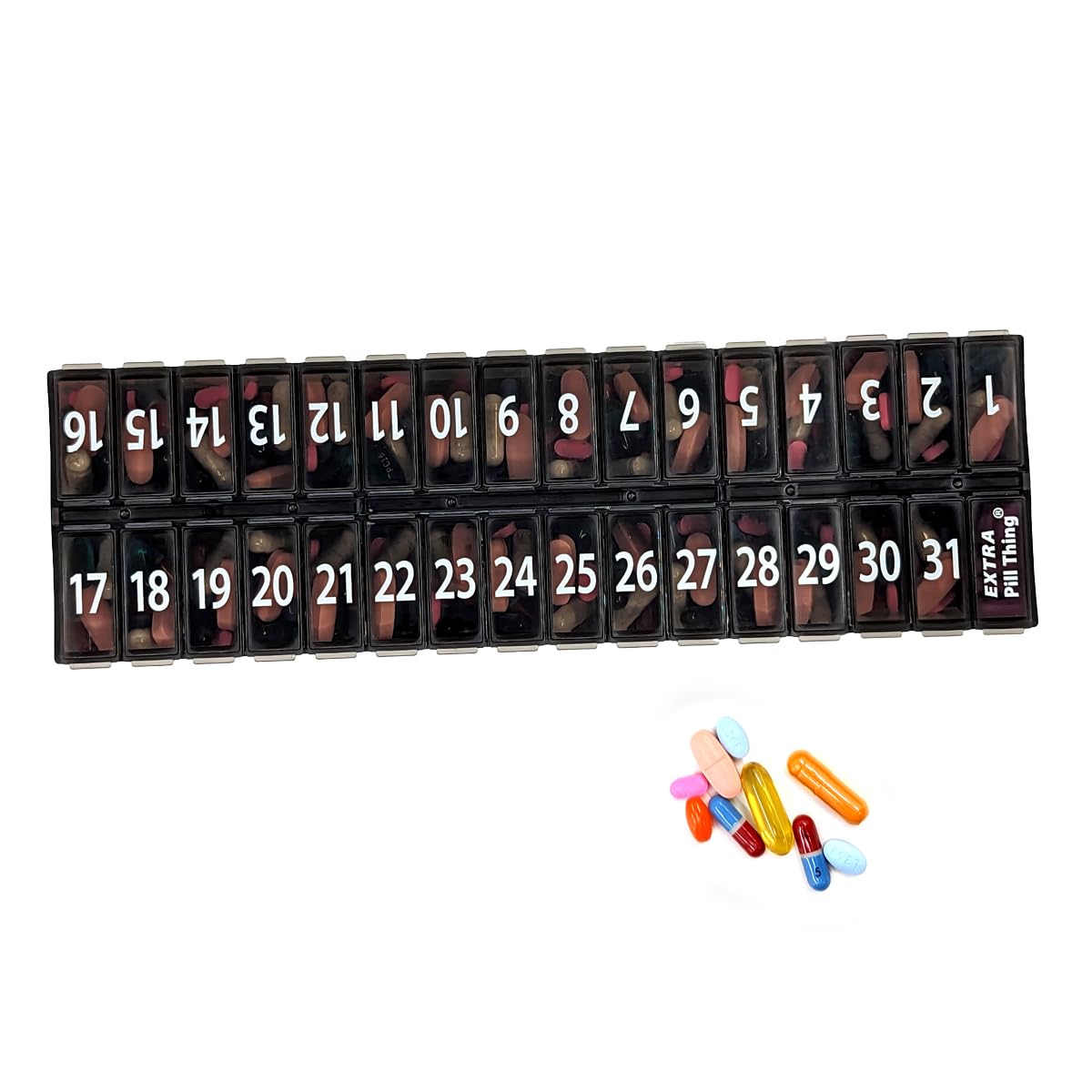 AM PM 31 Day Once-a Day Monthly Pill Planner Organizers - Large Compartment Pill Boxes Store Medications for Entire Month Plus Compartment for Extra Pills (AM/PM) (Am/Pm Black & Black)