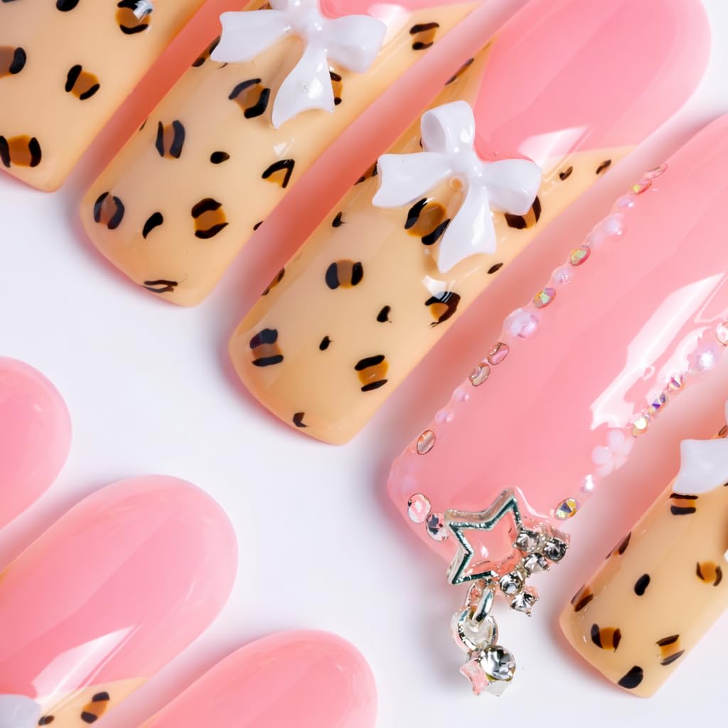 IntoVibes 10 Pieces Handmade Luxury Long Press On Nails With Curved Design, Bowknot And Leopard Prints, Pink Thickened False Nails, Reusable Fake Nails, Square Acrylic Nails (L)