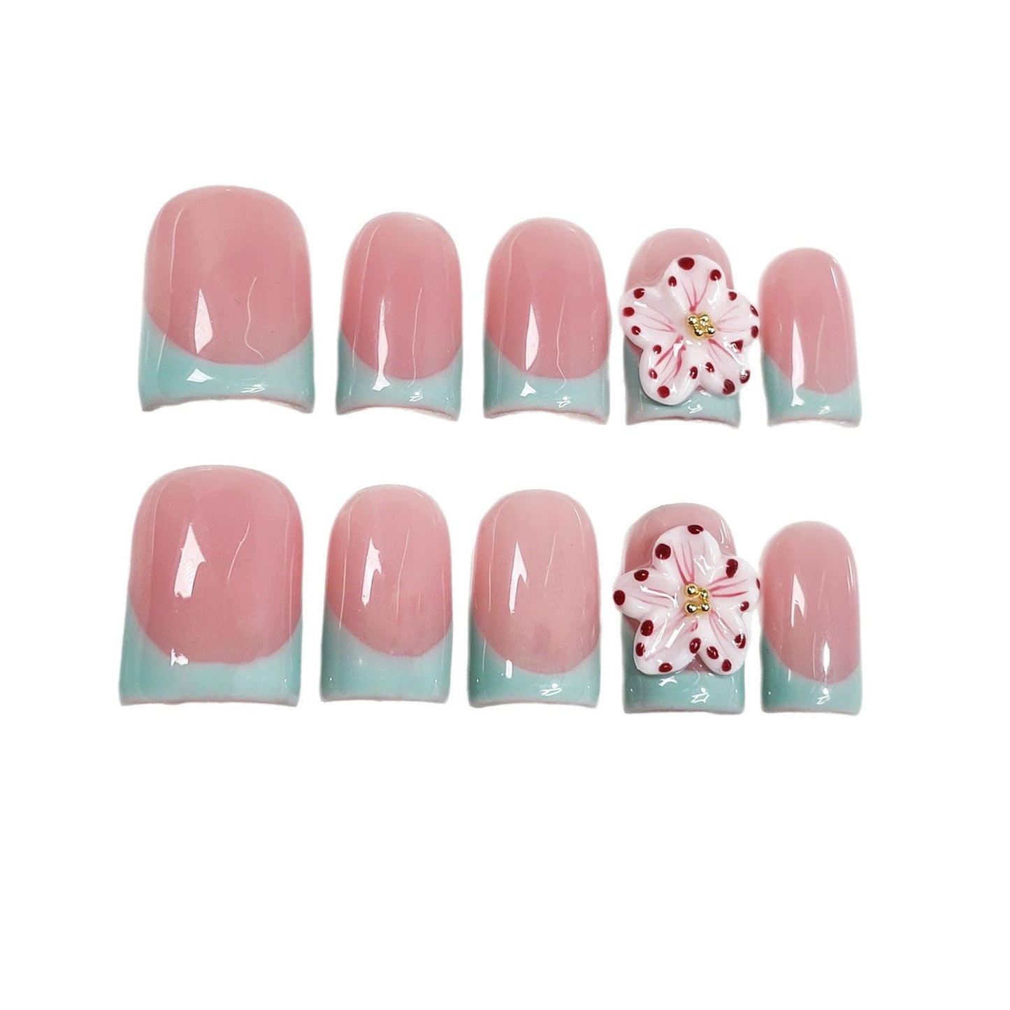 10 Pcs Handmade Press on Nails Short Square Fake Nails with 3D Flower Light Green French Tip Design Acrylic False Nails Pink M Size Press Ons Nails Square for Women Nail Art