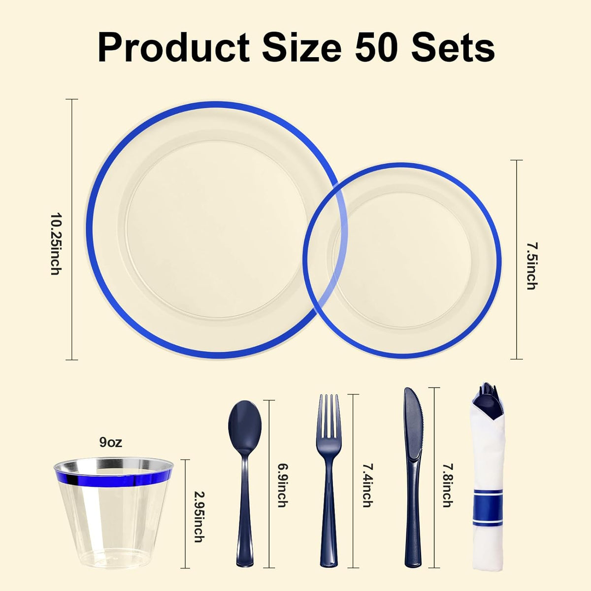 350PCS Clear and Blue Disposable Plates Set for 50 Guests, 100 Plastic Plates, 50 Cups, 50 Pre-Rolled Napkins with Plastic Cutlery for Party, Birthday, Thanksgiving, Christmas, Halloween