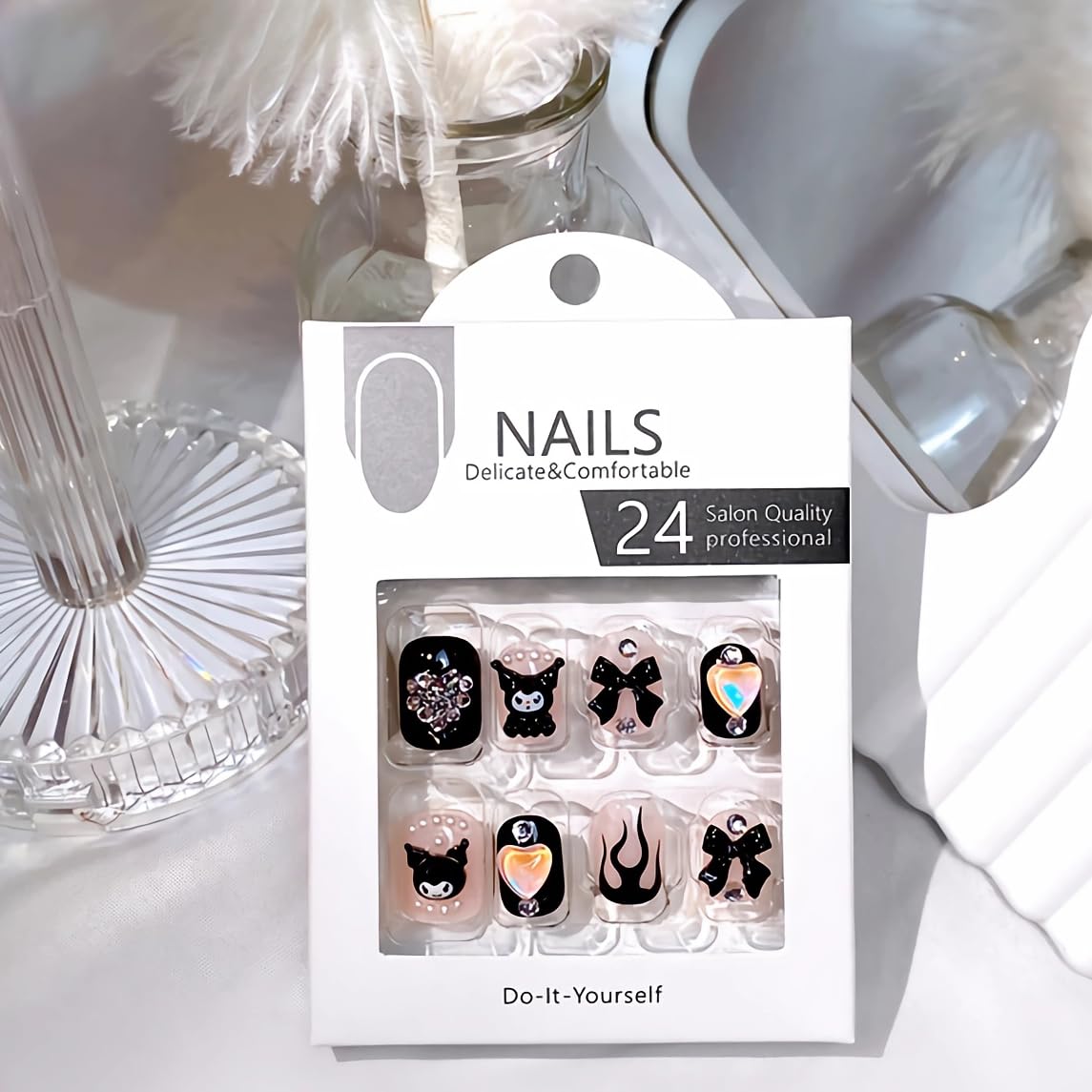 BABALAL Press on False Nails Short Square Fake Nails Black Goth Glue on Acrylic Anime Charm Cute Y2k Design Bow Heart Handmade Supplies 24Pcs Luxury Full Cover Kawaii Nails