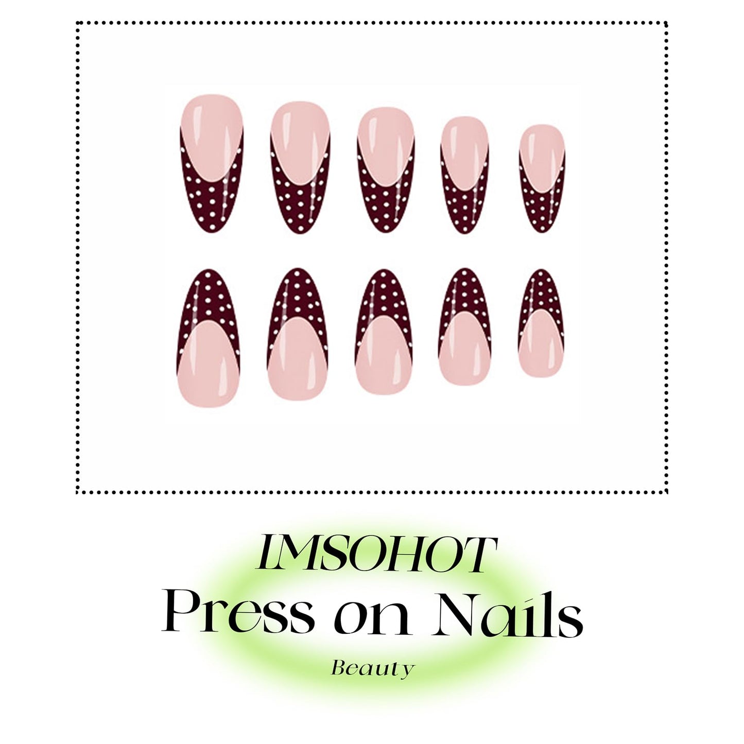 IMSOHOT Polka Dot Press on Nails Almond Medium Fake Nails Burgundy French Tips False Nails Full Cover Glossy Wine Red Acrylic Glue on Nails for Women