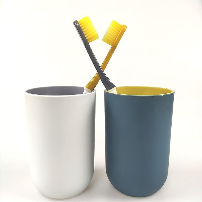 Unbreakable Reusable Drinking Cups Set of 2 Colors, Plastic Toothbrush Cup Tumblers 300 ml/10.5 oz, Dishwasher Safe (Light gray & Navy blue)