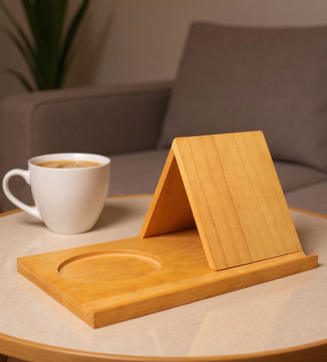 DIY Wooden Book Holder Stand with Drink Holder, Reading Rest Book Display for Desk, Bedside Gift for Book and Coffee Lovers- Brown