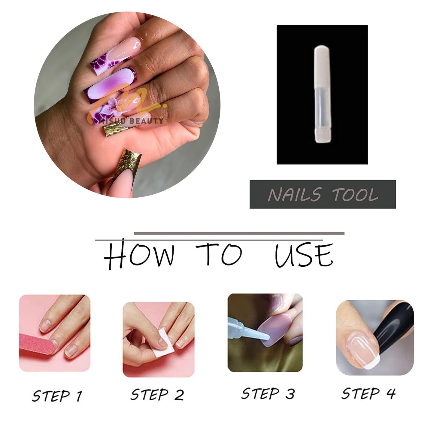 MISUD Press on Nails - Long Square Glue on Nails with Purple Flower, Acrylic Gold Chrome Design 24 pcs