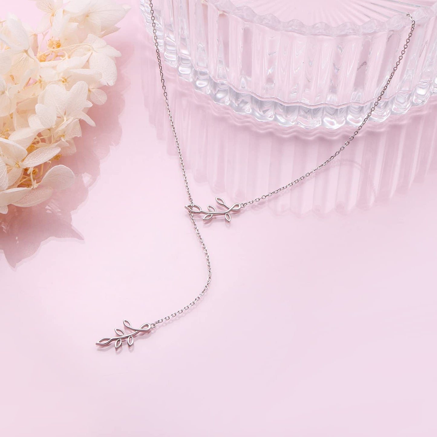 DAOCHONG Long Necklace Sterling Silver Olive Leaf Larait Bar Y Lariat Long Chain Drop Adjustable Necklace for Her, 30"