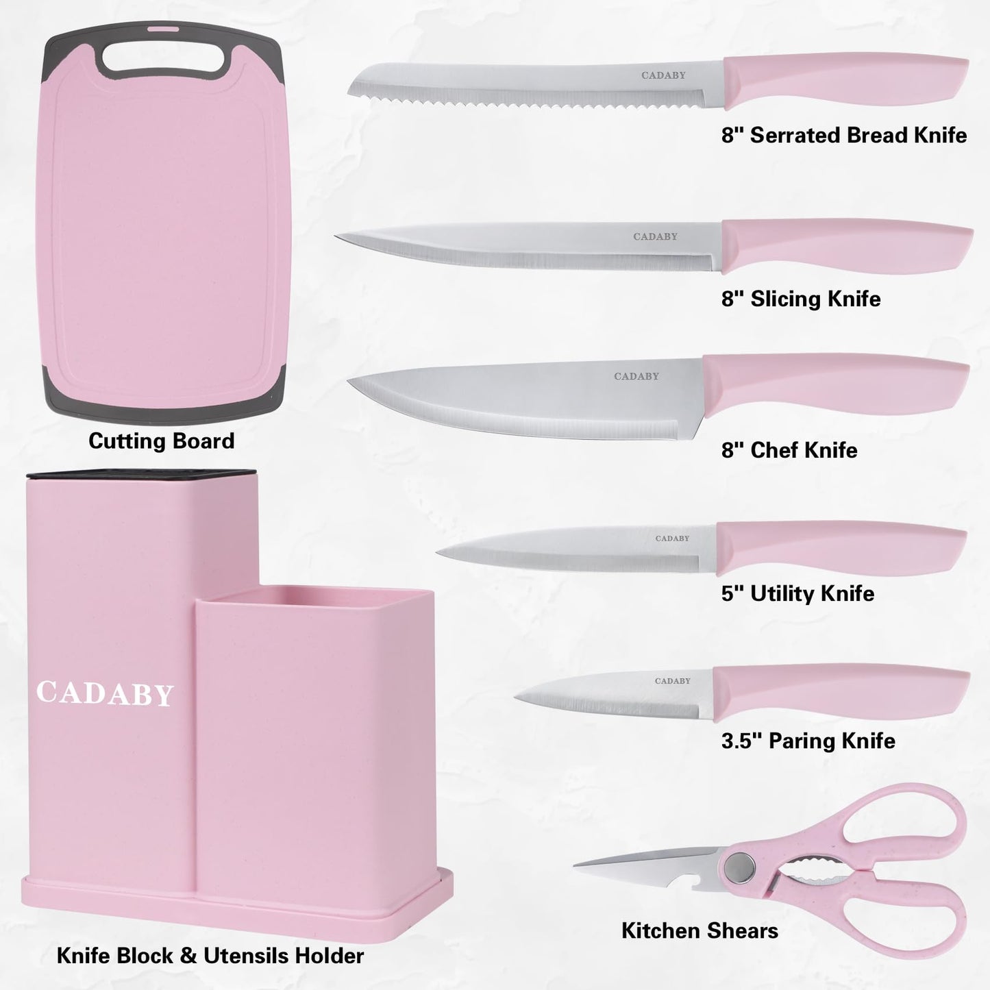 CADABY 19 PCS Kitchen Cooking Utensils Set, 11 Pieces Silicone Cooking Utensils Set 6 Pieces Sharp Stainless Steel Pink Knife Set with 1 Piece Cutting Board, Ideal for Apartment