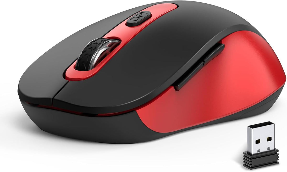 Wireless Mouse for Laptop, PC, Chromebook, Mac, MacBook, Silent Mouse with USB Nano Receiver, Side Button, 2400 DPI, Anti Slip Roller, 6 Button Ergonomics Cordless Computer Mice - Black Red