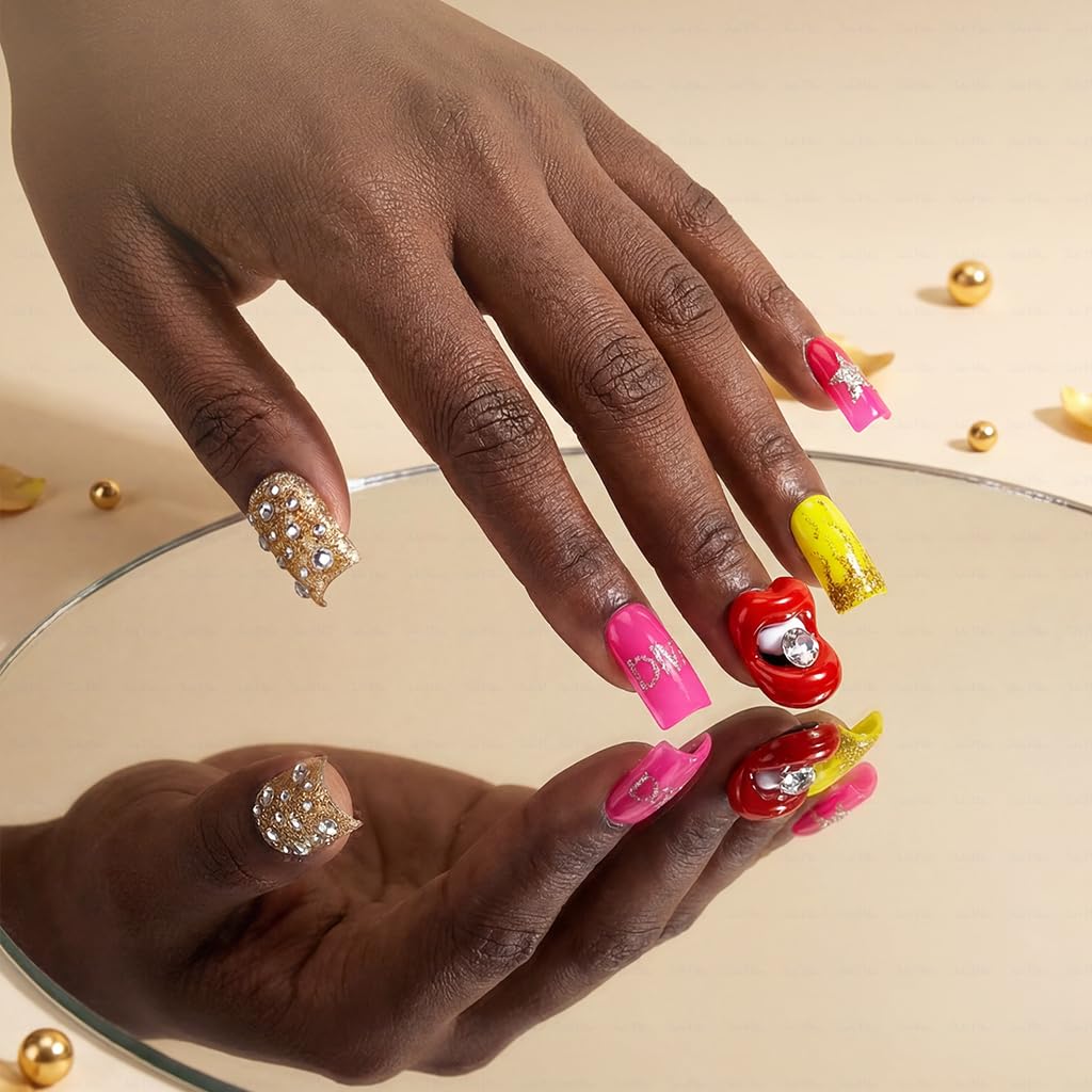 IntoVibes 10 Pieces Luxury Acrylic Press On Nails Short Handmade Duck Nails, Pink Thickened False Nails, Rhinestone And 3D Red Lips, Reusable Fake Nails, Acrylic Nails (L)