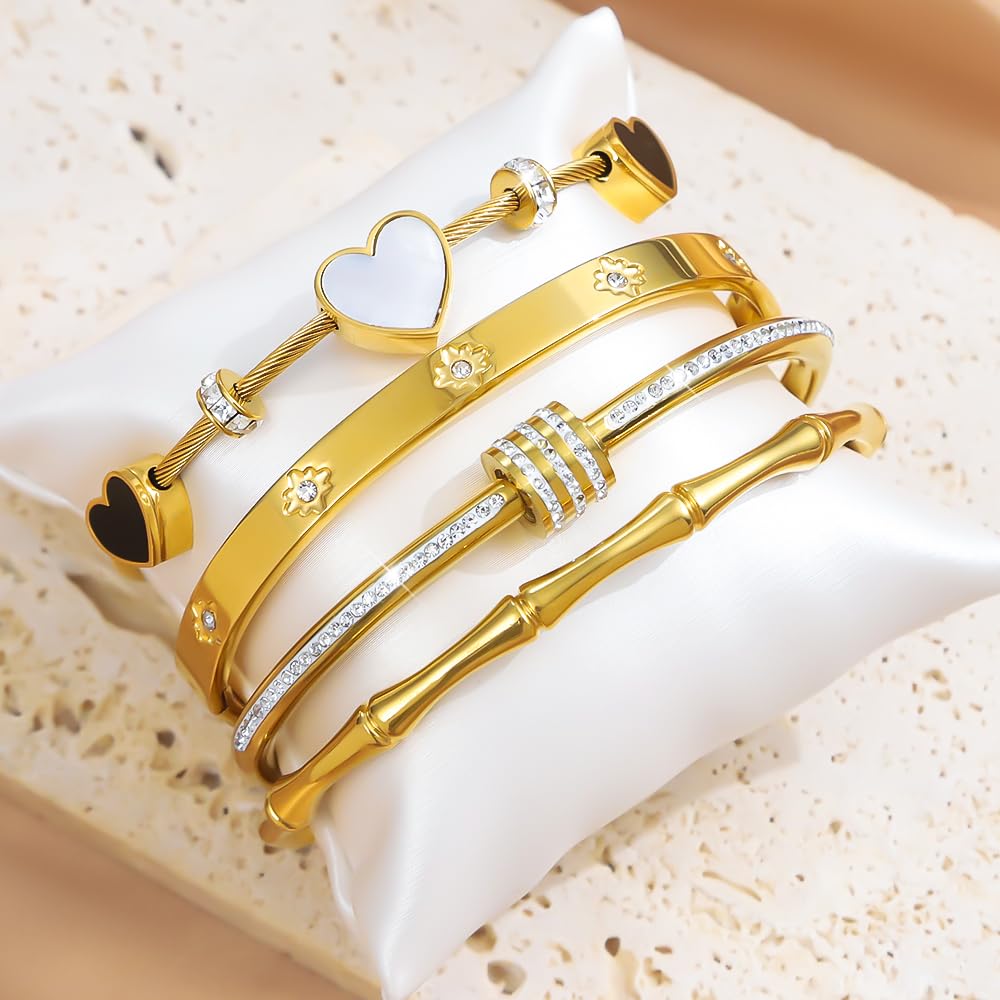 Women's 18K Gold Plated Stainless Steel Bangles & Bracelets Set White Shell Heart Roman Numerals & Cubic Zirconia Twisted Bands Waterproof Tarnish Resistant Hypoallergenic 2.3 Inches (6cm) Stackable Design (4-PC Style A)