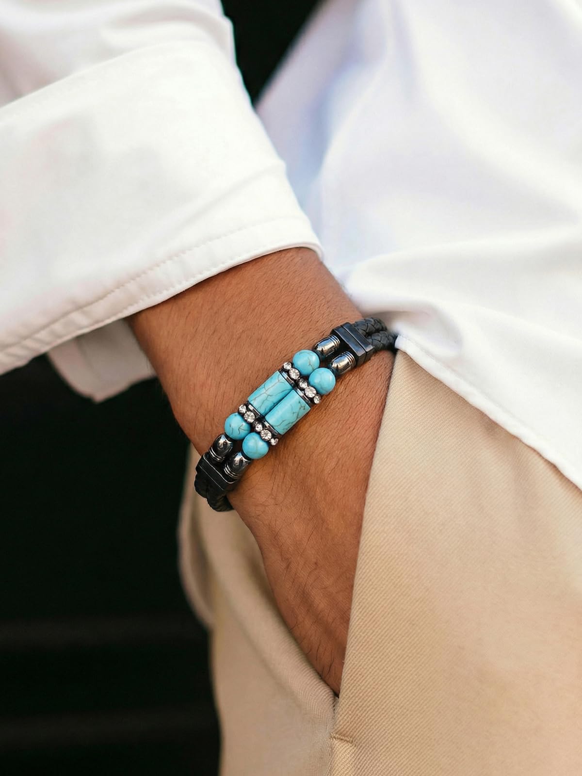 Mrcaois Mens Leather Turquoise Stone Bracelet–8.5" Braided Multi‑Layer Stainless Steel Clasp Leather Bracelets Jewelry Box and Pouch Packing