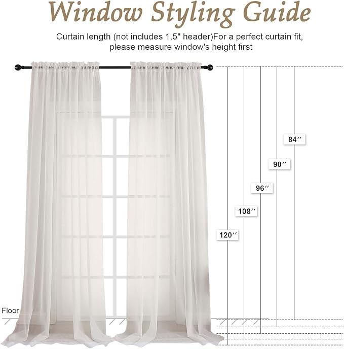 OVZME Ivory Sheer Curtains 108 Inches Long 2 Panels Set, Extra Wide Solid Lightweight & Airy Gauzy Window Treatments with Light Filtering for Patio Sliding Door, 59Wx108L Inches