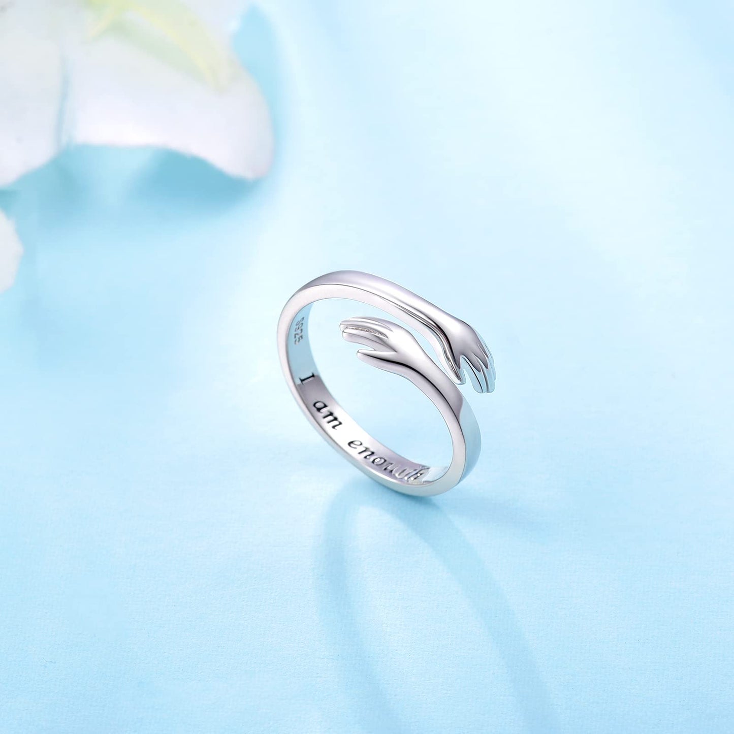 ACJFA Hug Ring 925 Sterling Silver Hugging Hands Adjustable Rings I am Enough Ring Motivational Friend Inspirational Jewelry Encouragement Gift for Women
