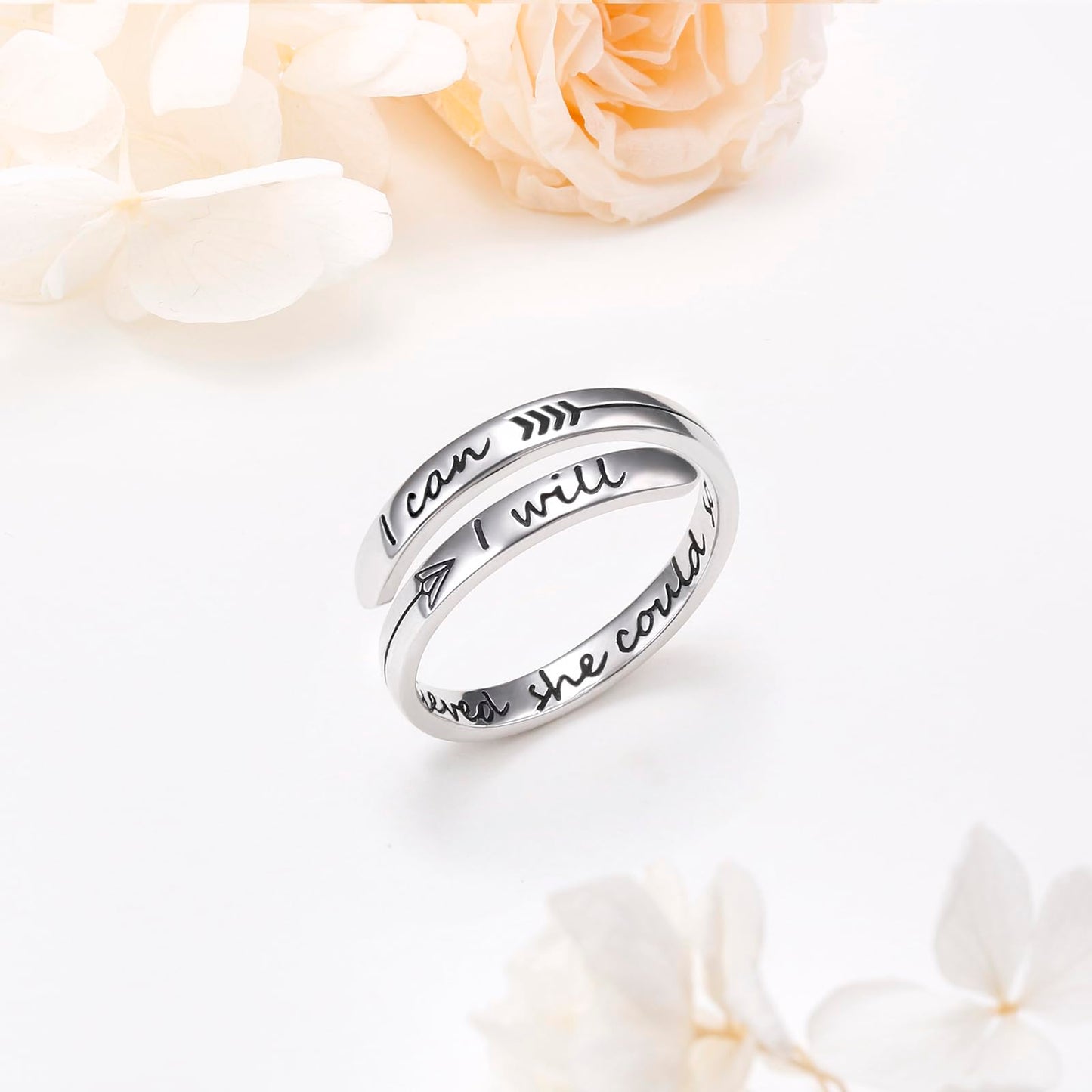 Ladytree Adjustable Inspirational Rings 925 Sterling Silver Stacking Wrap Spiral Twist Statement Band Encouragement Ring for Women Men(She believed she could so she did,I can I will)