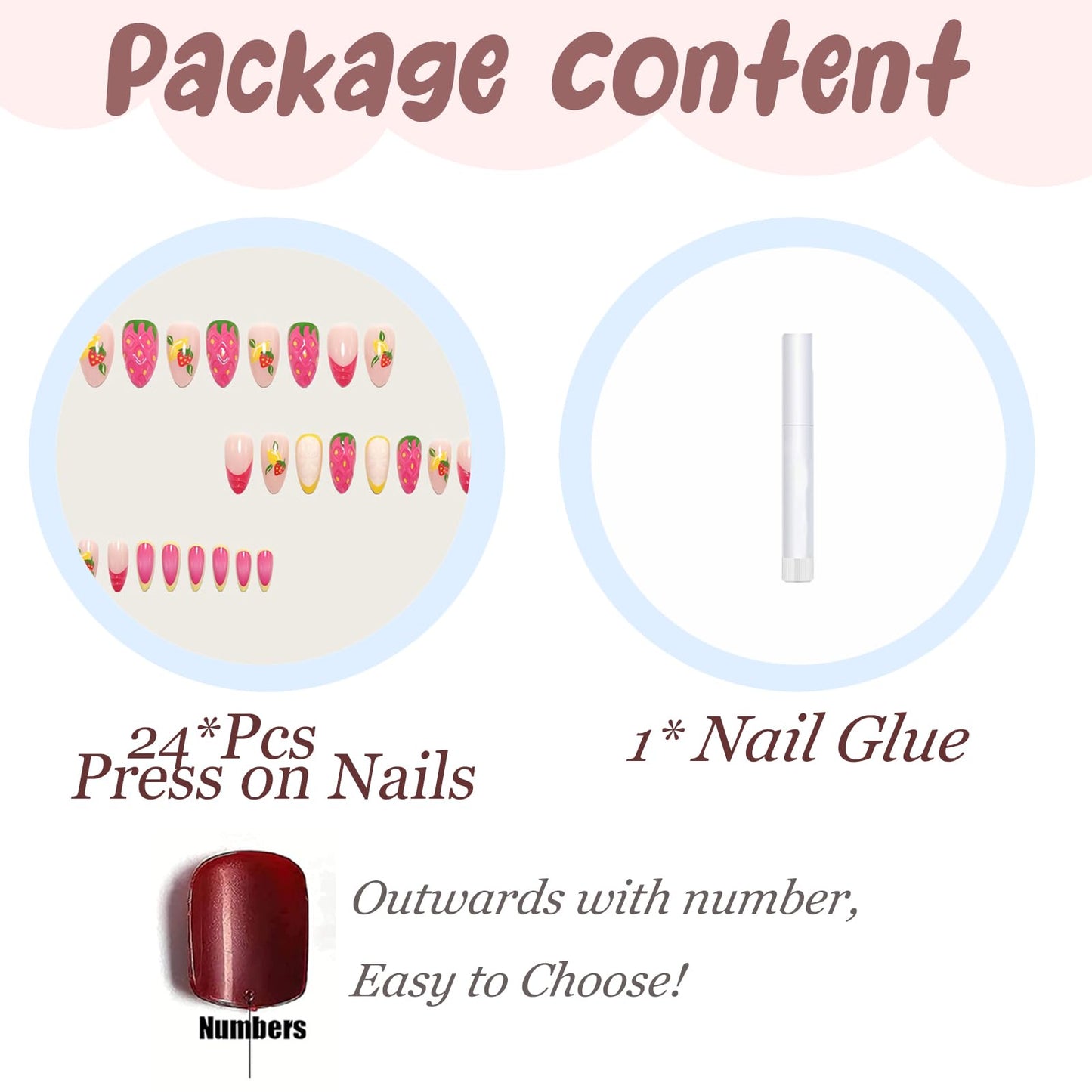 BABALAL Press On Nails, Medium Almond Fake Nails, Pink Yellow with 3D Strawberry Lemon & Bright Summe Design, Glossy Summer Fruit Kawaii Glue On Nails 24Pcs