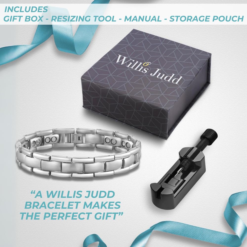 Willis Judd Double Strength Magnetic Bracelet for Men - Adjustable Length with Sizing Tool Silver