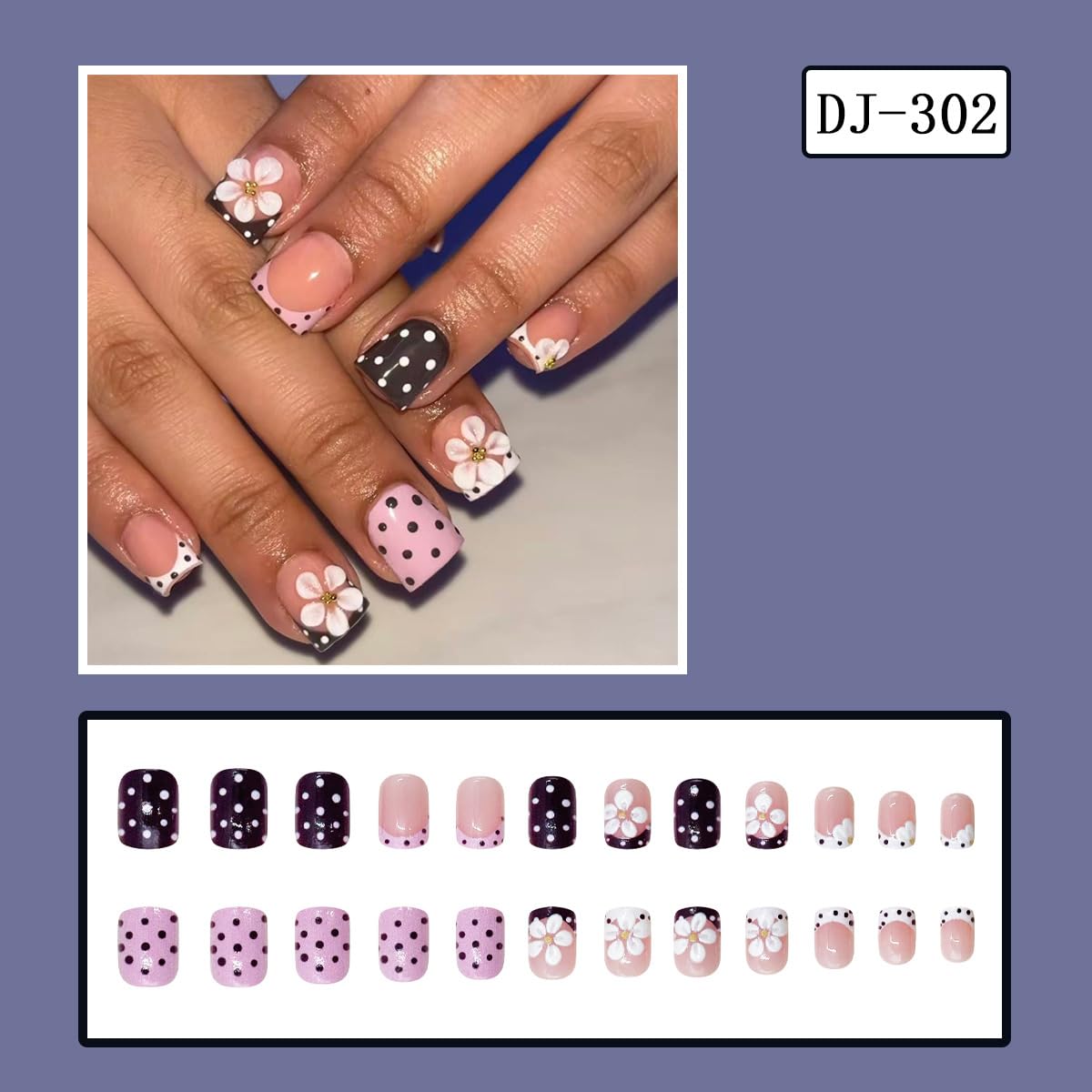 Polka Dot Press on Nails Short - Square Fake Nails with 3D Flower Designs Spring Glue on Nails Pink & Brown French Tip Nails Press ons Glossy Full Cover Stick on Nails for Women Girls 24Pcs