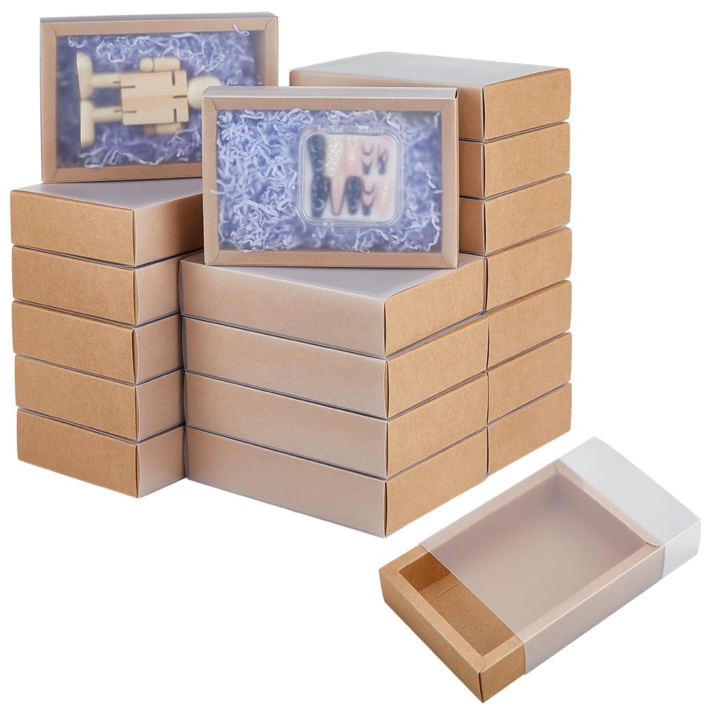 BENECREAT 30 Set Brown Kraft Drawer Gift Box, Paper Storage Organizers with Translucent Plastic Sliding Lid for Wedding Favors, DIY Crafts, Small Item Display, 7.17x5.12x1.8inch