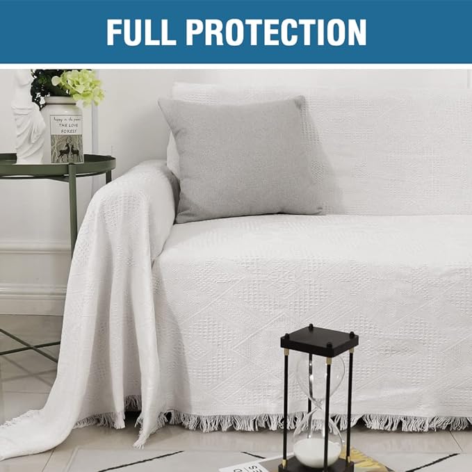 H.VERSAILTEX Cotton Sofa Covers Couch Cover Sofa Slipcover for Most Shape Sofas, Feature Thick Woven Jacquard Seamless with Tassels, Multi-Use Decorative for Couch (Medium: 71" x 91", White)