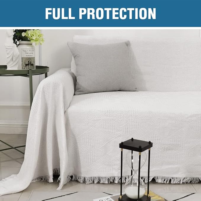 H.VERSAILTEX Cotton Sofa Covers Couch Cover Sofa Slipcover for Most Shape Sofas, Feature Thick Woven Jacquard Seamless with Tassels, Multi-Use Decorative for Couch (X-Large: 71" x 118", White)