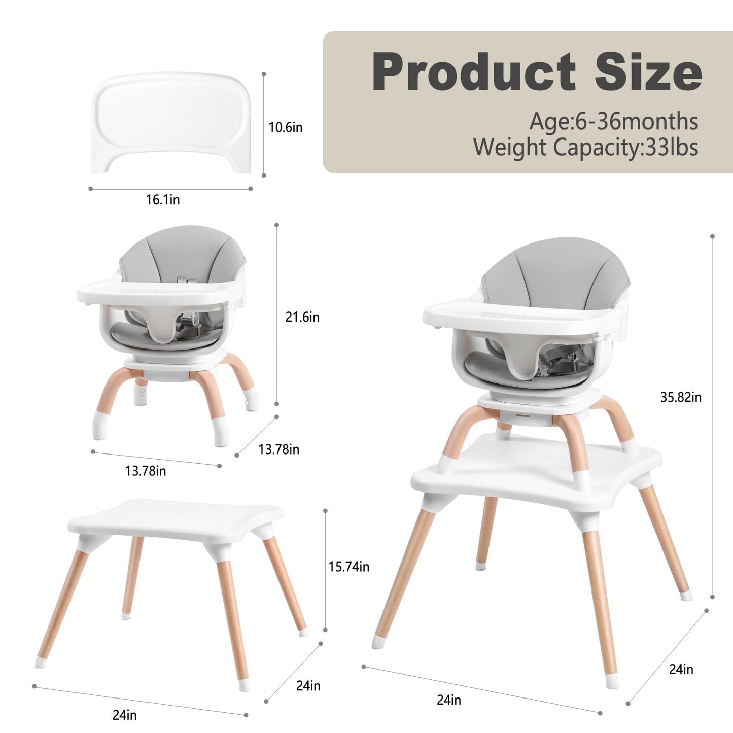 Komcot Baby High Chair, 7 in 1 Convertible High Chairs for Babies and Toddlers, Kids Learning Table, Building Block Table, Toddler Dining Chair with 360° Rotating Seat, 5-Point Safety Harness (Grey)