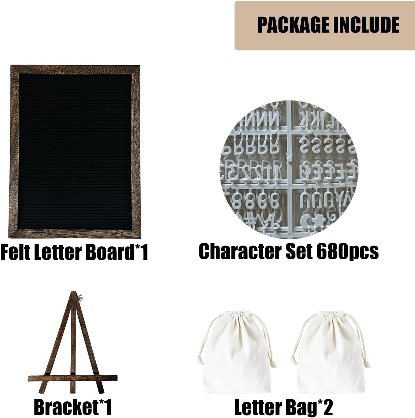 Felt Letter Board 12x16" – 680 Letters, Numbers & Symbols, Wall Mount or Stand Display, Changeable Message Board for Quotes & Notes, Home/School/Office/Hotel/Restaurant/ Coffee Shop, 1 Storage Bags, Dark Brown Wood Frame