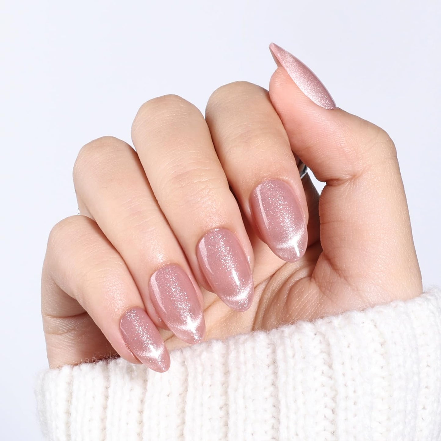 Leefrei Cat Eye Press On Nails - Short Almond Rose False Nail Tips, Glossy Nails Press Ons for Women DIY Fake Nails Kit with Glue, Reusable Glue on Nails Short in 16 Sizes - 32pcs, Rose Catseye