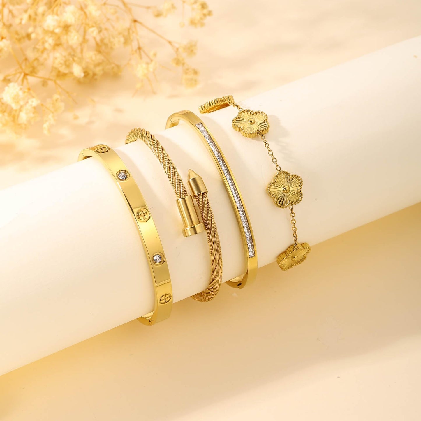ISELBDR 18K Gold Bracelets for Women - Stackable Clover & Nail Love Bangle Set - Non-Tarnish Stainless Steel Jewelry for Valentine's, Mother's Day & Christmas (Gold-2)