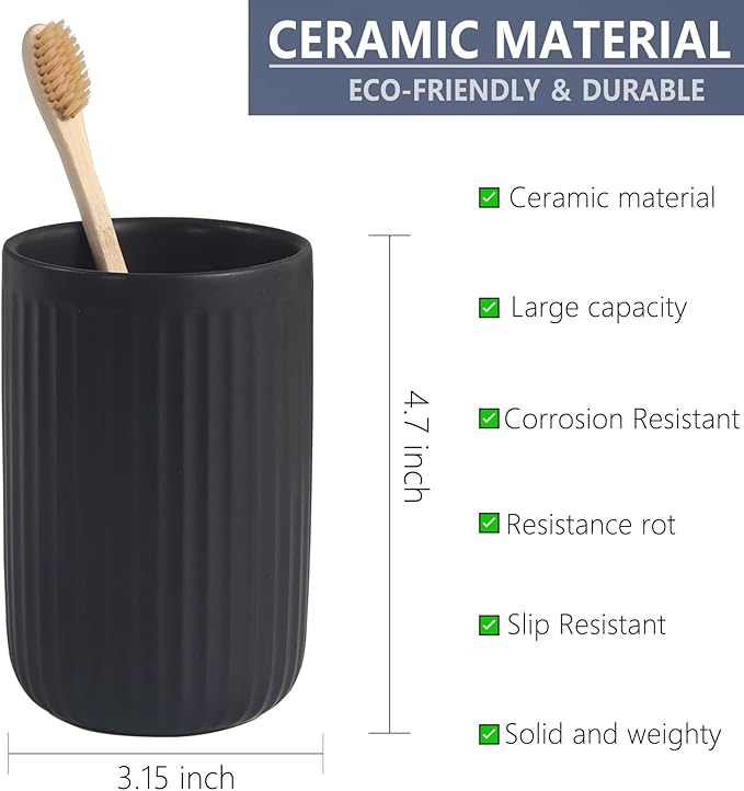 Matte Black Toothbrush Holders for Bathrooms - Ceramic Toothbrush Toothpaste Holders Set, Black Bathroom Tumbler Cups Reusable Toothbrush Cup Black Mouthwash Cup, Bathroom Counter Organizer.