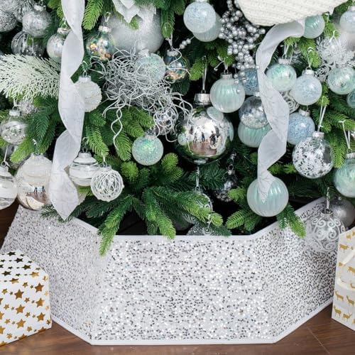 XmasExp Christmas Tree Collar, 33.5 inch Sequin Tree Skirt Stand Base Cover for Home Decor, Large Size 6 Piece, White