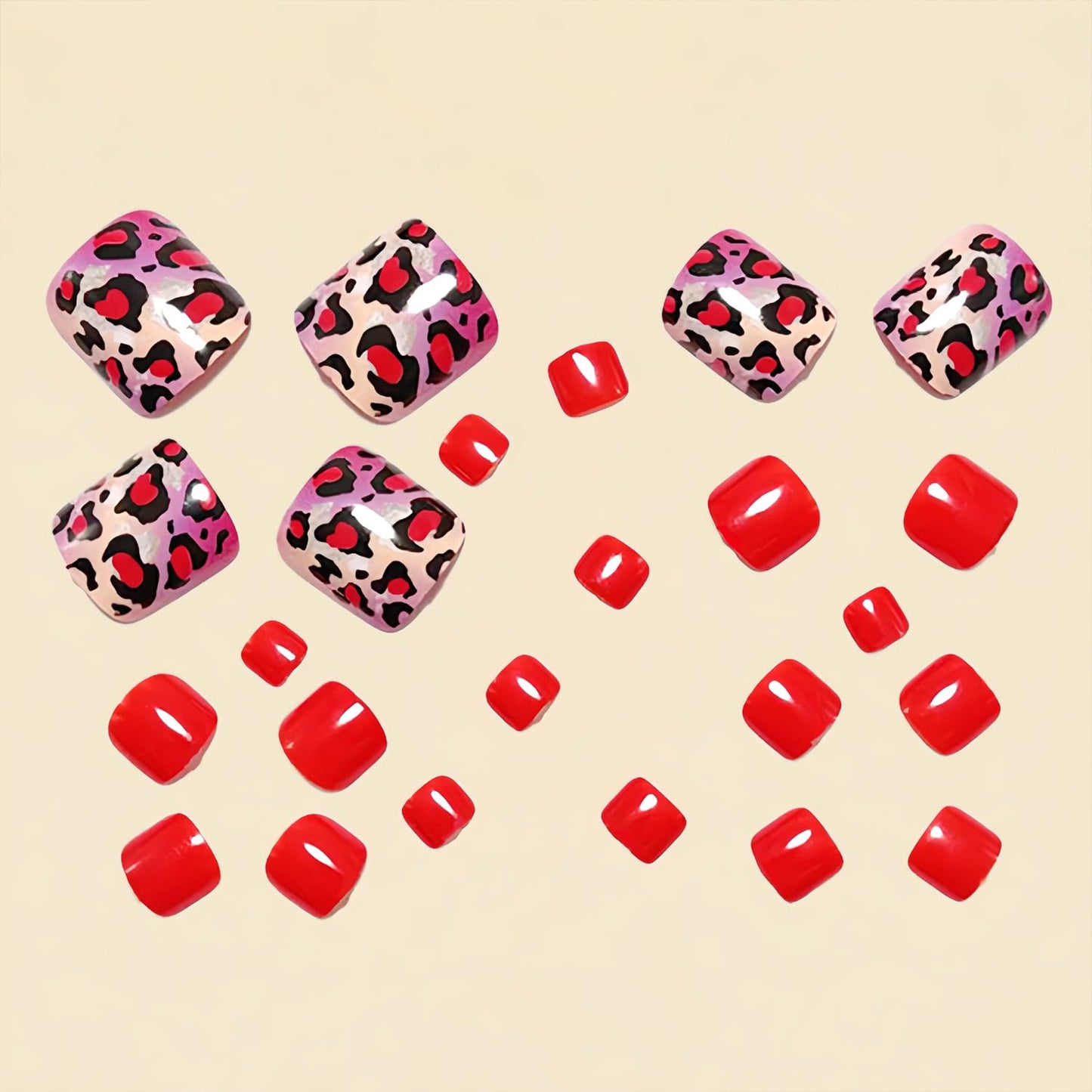 Leopard Print Press on Toenails Summer False Toenails Glossy Red Toe Nails Reusable Full Cover Toe Nails for Women