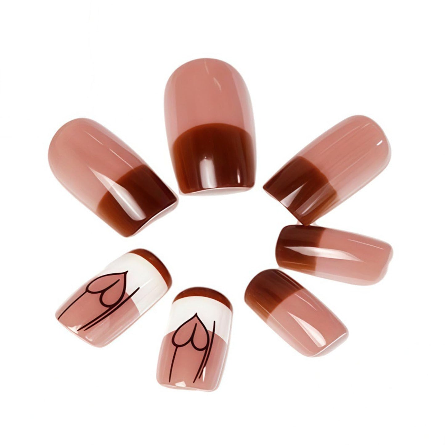 French Tip Press on Nails Square Medium Fake Nails with Love White Lines Designs Glossy Nails Press ons Brown Full Cover Glue on Nails Fall Acrylic Artificial Stick on Nails for Women 24Pcs