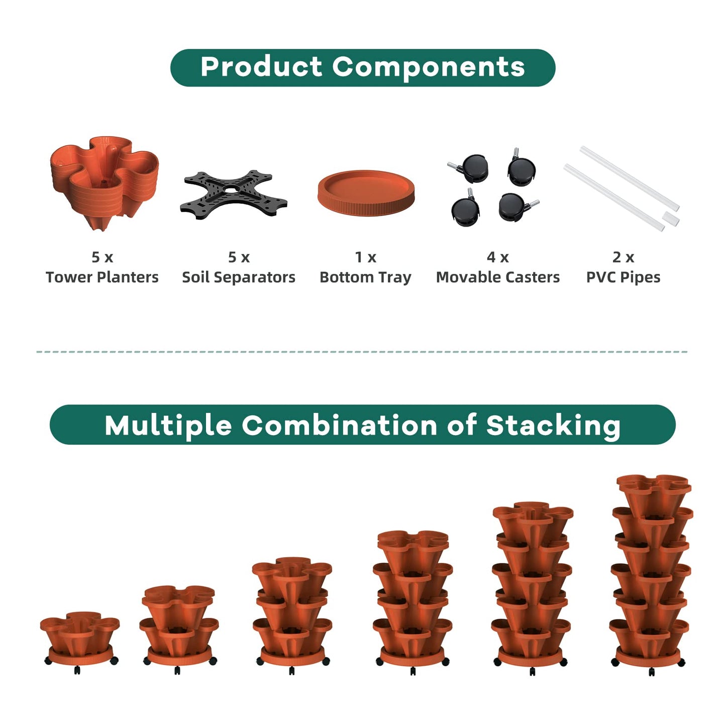 Tectsia Strawberry Vertical Planter, 5 Tiered Stacking Garden Tower, Stackable Herb Vegetable Planters with Support Pole Indoor and Outdoor - Terra Cotta