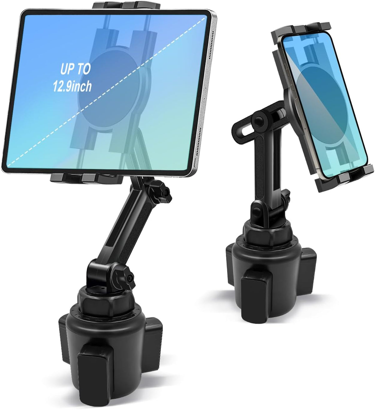 Cup Holder Car Tablet Mount, 360° Adjustable 2-Arm Stand Holder for iPad Pro 12.9/11/10.5/9.7/Air/Mini 6/5/4, Samsung Galaxy Tab/Z Fold 6/5, Amazon Fire HD, iPhone 16/15/14/Pro, 4.7-12.9" Tab & Phone