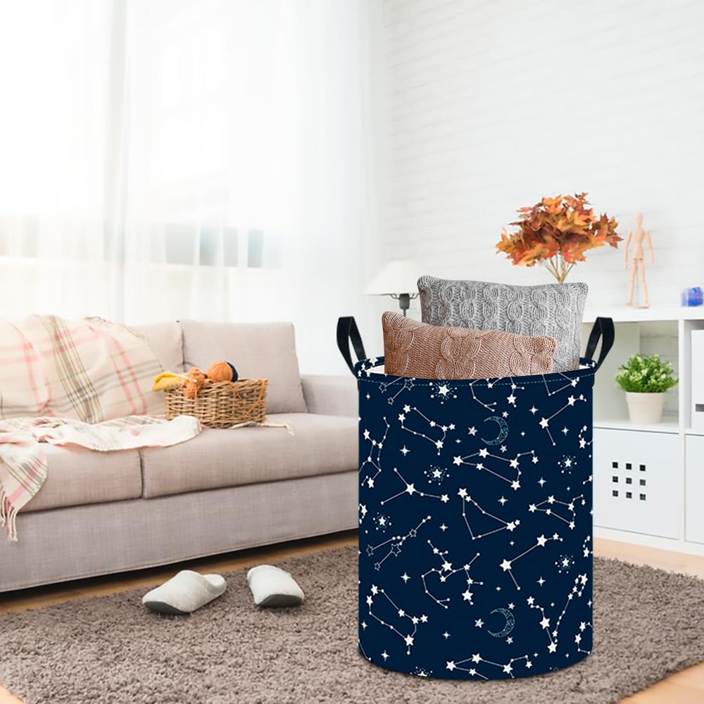 CLOCOR Large Blue Round Laundry Hamper,Kids Toy Storage Basket,Baby Dirty Clothes Nursery Hamper for Boys and Girls,Bedroom,Bathroom,Gift Basket(Starry Sky)