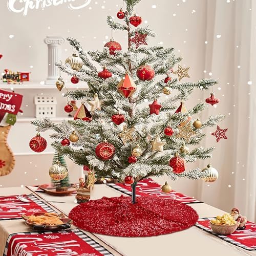 Red Glitter Tree Skirt 24 Inches Sequin Embroidery Velvet Christmas Tree Skirt for Table Top Porch Mini Tree Decoration