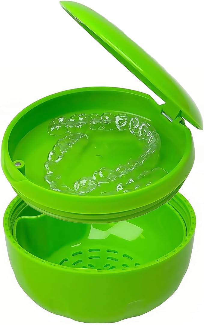 Retainer Cleaner Case,Double Layer No-Leak Denture Cup for Soaking Dentures, Denture Bath for Aligner,Retainers,Mouth Guard,Night Guard Solid Color (Green)