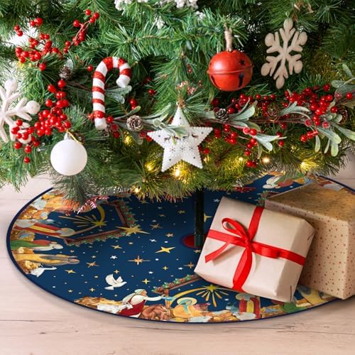 Christian Christmas Tree Skirt Religious Jesus Nativity Scene Xmas Tree Mat Navy Blue Christmas Holiday Jesus Indoor Outdoor Party Decor (60 Inch)