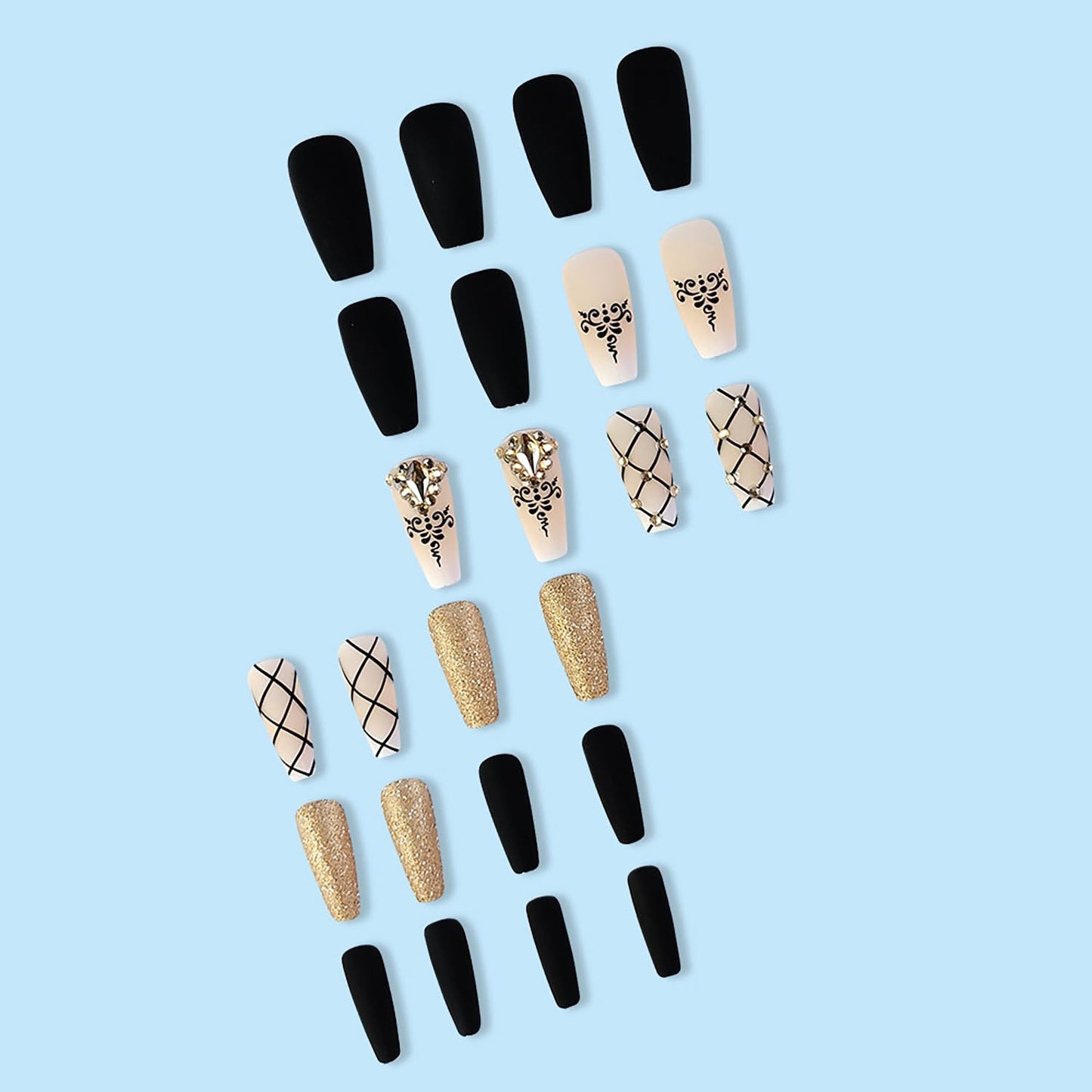 Medium Press On Acrylic Nails with Black Grid Designs - Full Cover Coffin Glossy Golden Diamond False Nails, Reusable Set for Women