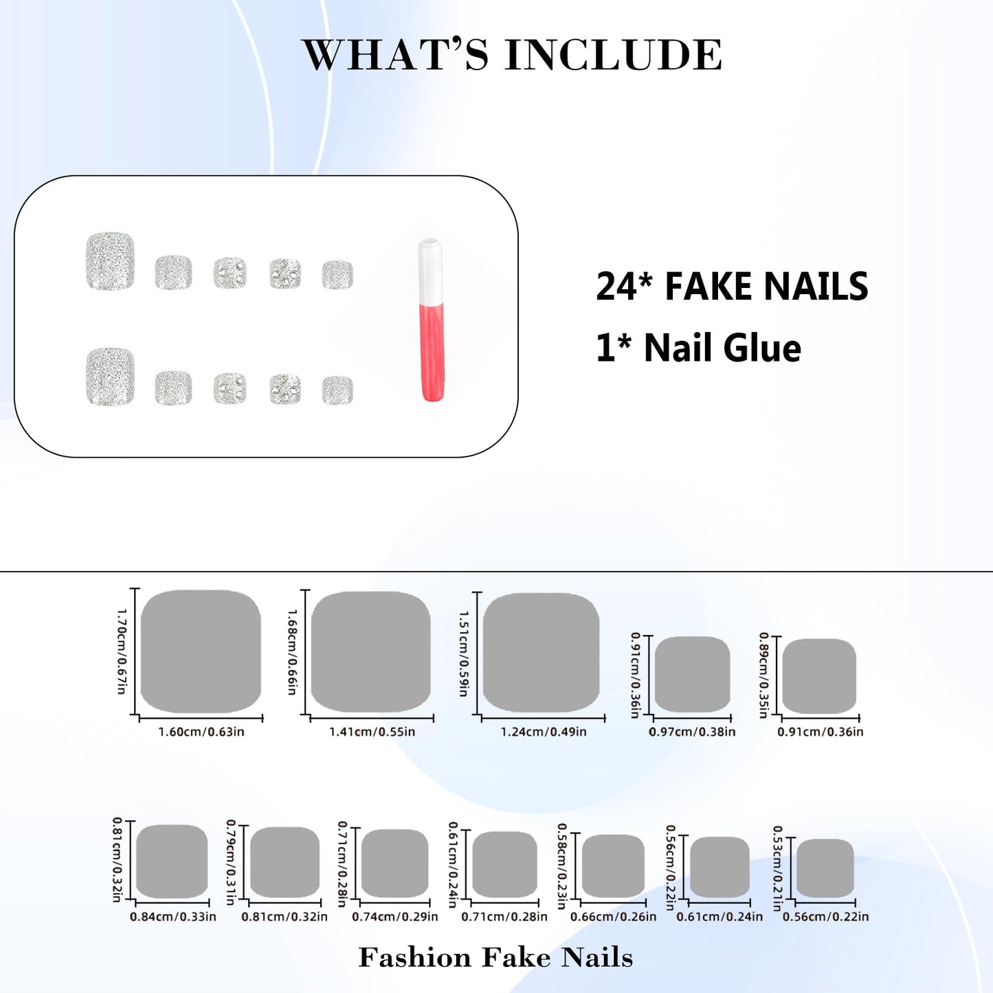 IMRAIN Glitter Press on Toenails Short Silver Fake Toe Nails with Rhinestone Designs Full Cover Glossy Glue on Toenails Summer Acrylic False Toe Nails