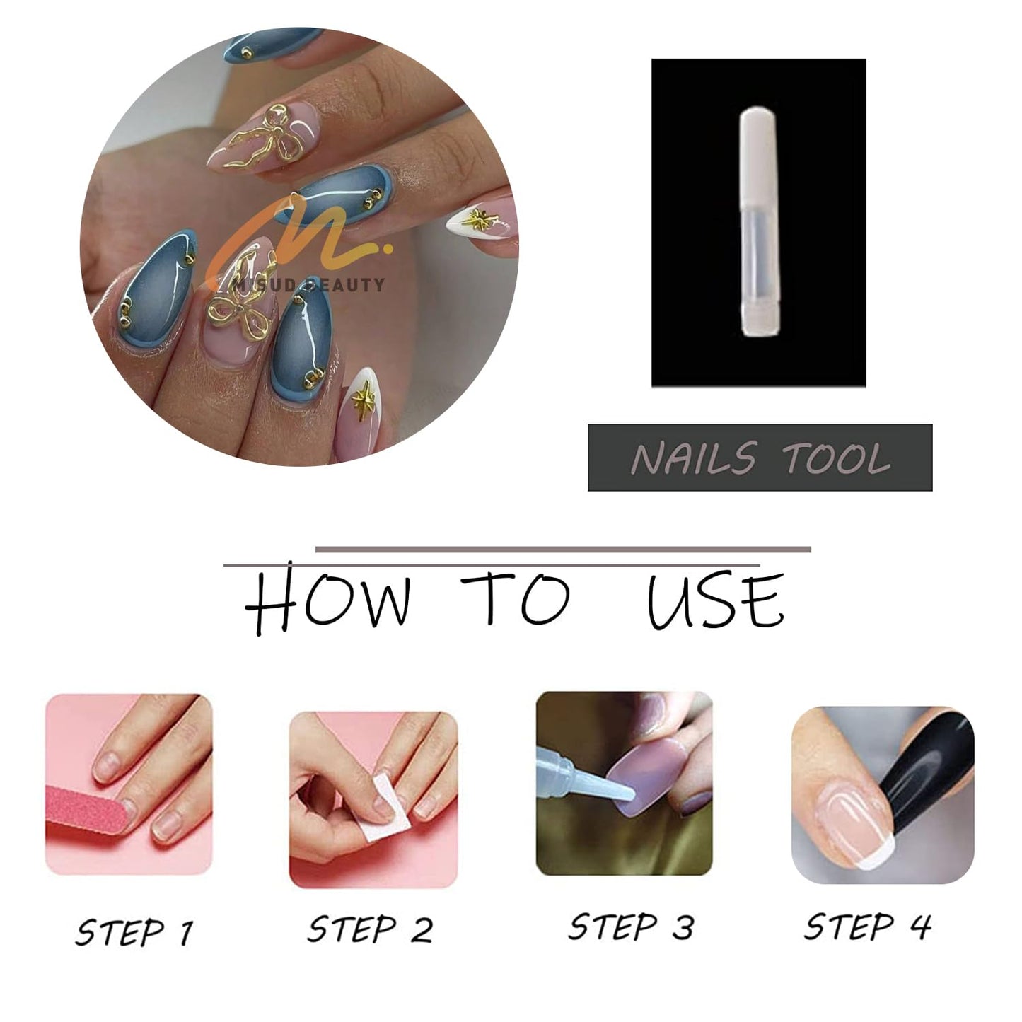 MISUD Press on Nails - Medium Almond Fake Nails with Handmade Gold Charms, Acrylic Blue Ombre Design 24 pcs