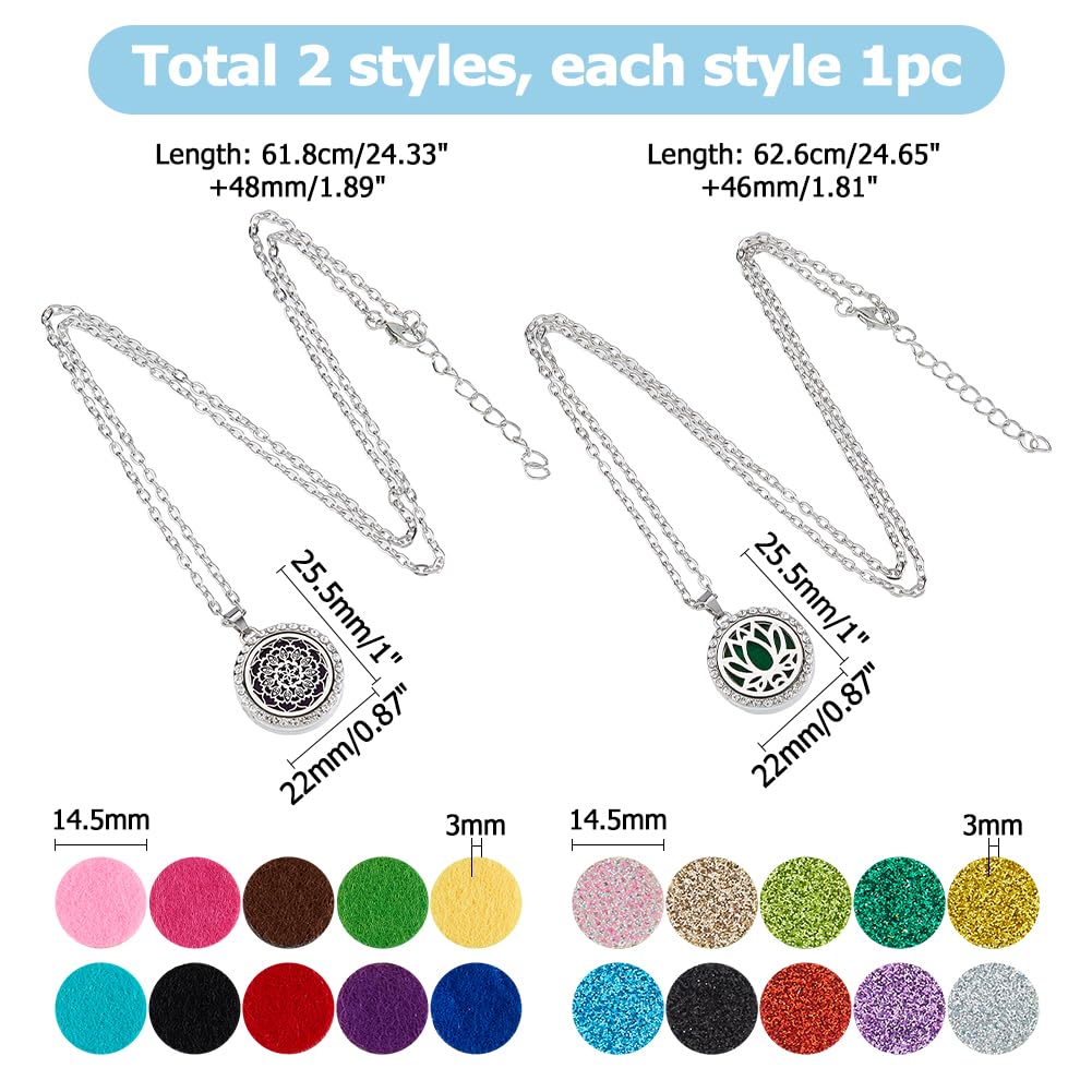 Hobbspring 2 Sets Aromatherapy Essential Oil Diffuser Necklace 2 Styles Diffuser Stainless Steel Oil Pendant with Felt Pads Aromatherapy Flat Round Locket Necklaces Gift for Woman Men